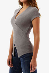 Ribbed Surplice Neck Slit Top