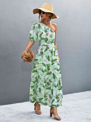 Printed Tie Waist One Shoulder Maxi Dress