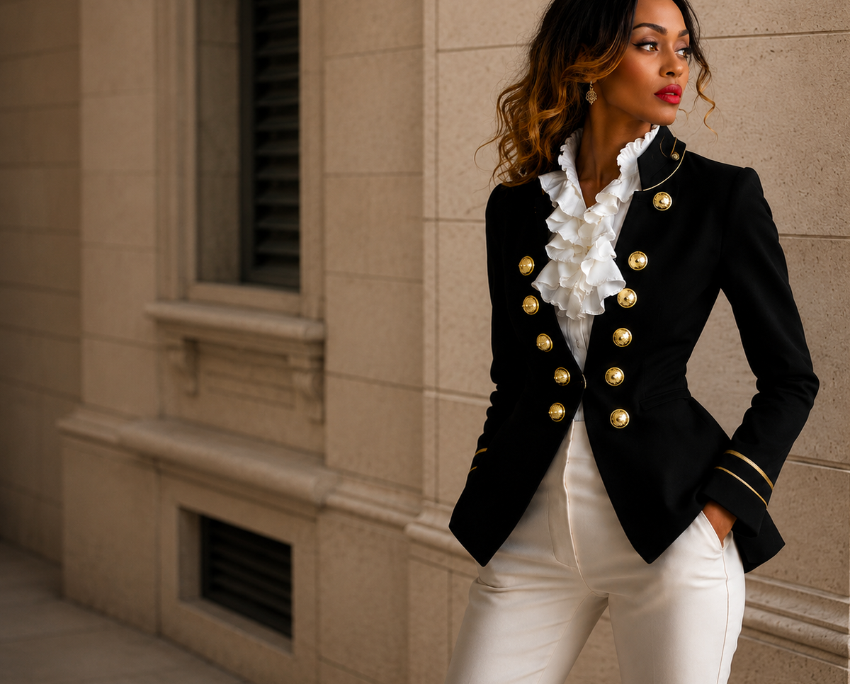 Model Qiana C. Valrie poses QiQi & Co. Women's Cover wearing a black military-style blazer with gold buttons and trim, worn over a white ruffled blouse and white trousers, Lago de Como, Italy.