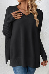 Slit V-Neck Dropped Shoulder Sweater
