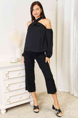 Double Take Grecian Cold Shoulder Long Sleeve Blouse